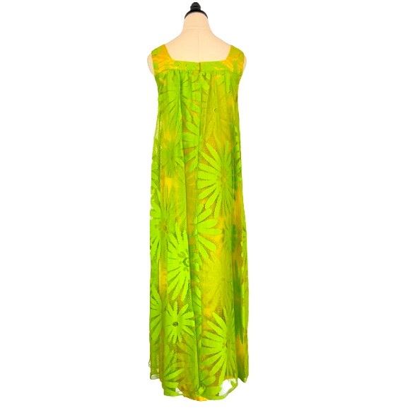 Vintage 60's Lime Green Floral Trapeze Mesh Lace Shift Dress Mod Flower Power - Picture 4 of 16